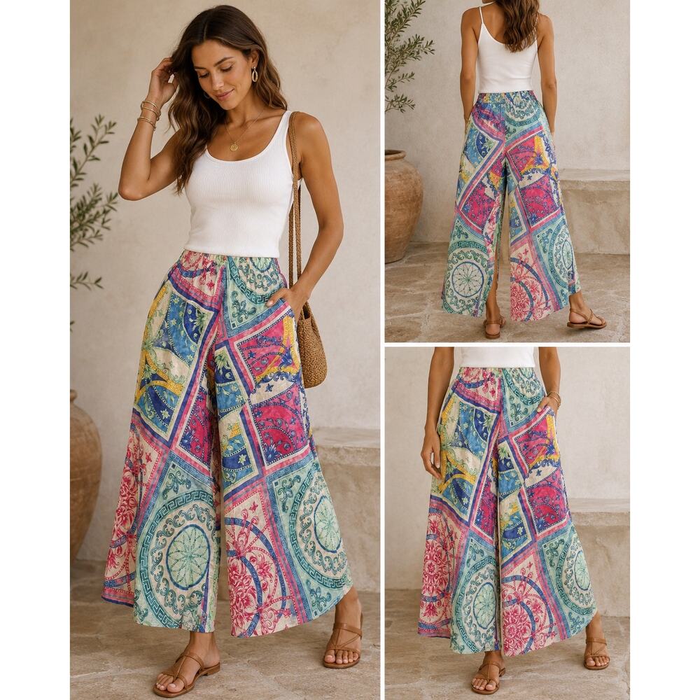 Sartoria Saracena Made in Italy 100% Linen Print Wide Leg Culotte Pants Size L